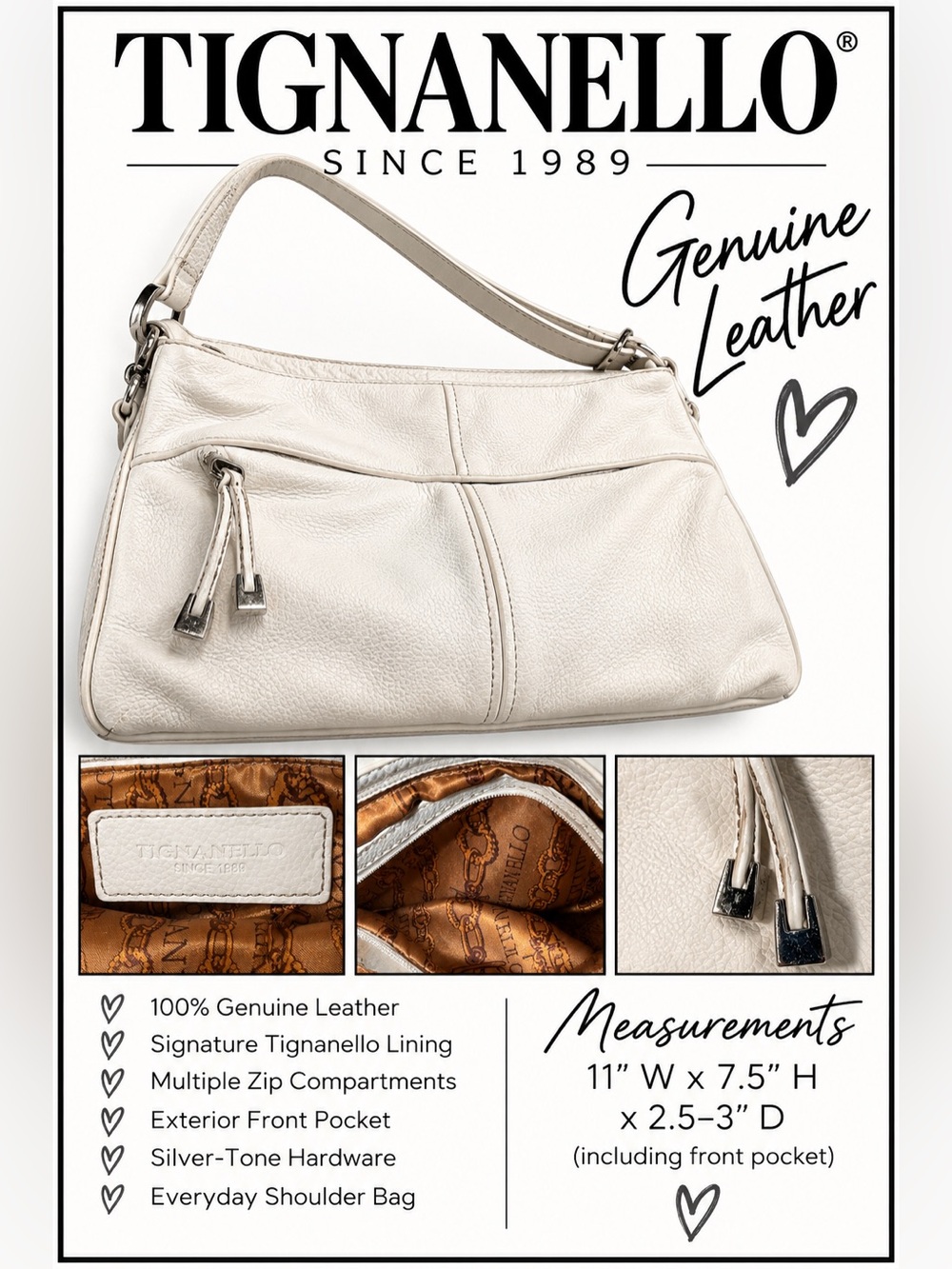 Tignanello White Pebbled Genuine Leather Organizer Shoulder Bag Purse